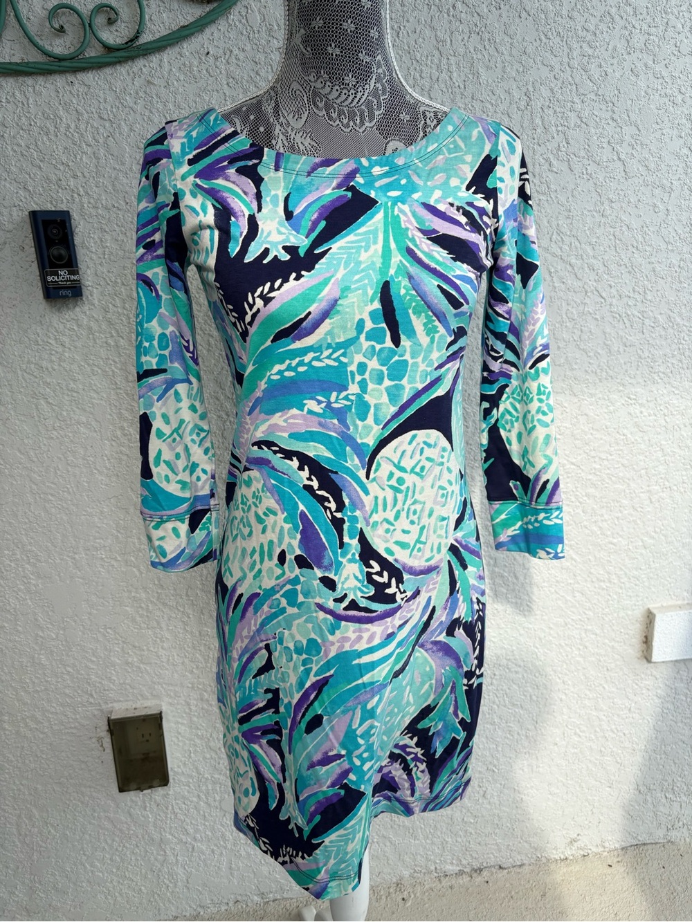 Lilly Pulitzer Aqua Navy & Purple Print Long Sleeve Sheath Dress